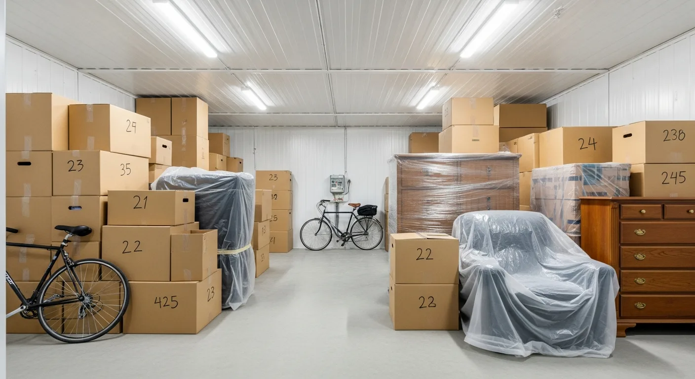 Intérieur d'un box de self-stockage moderne, lumineux et organisé avec des cartons empilés