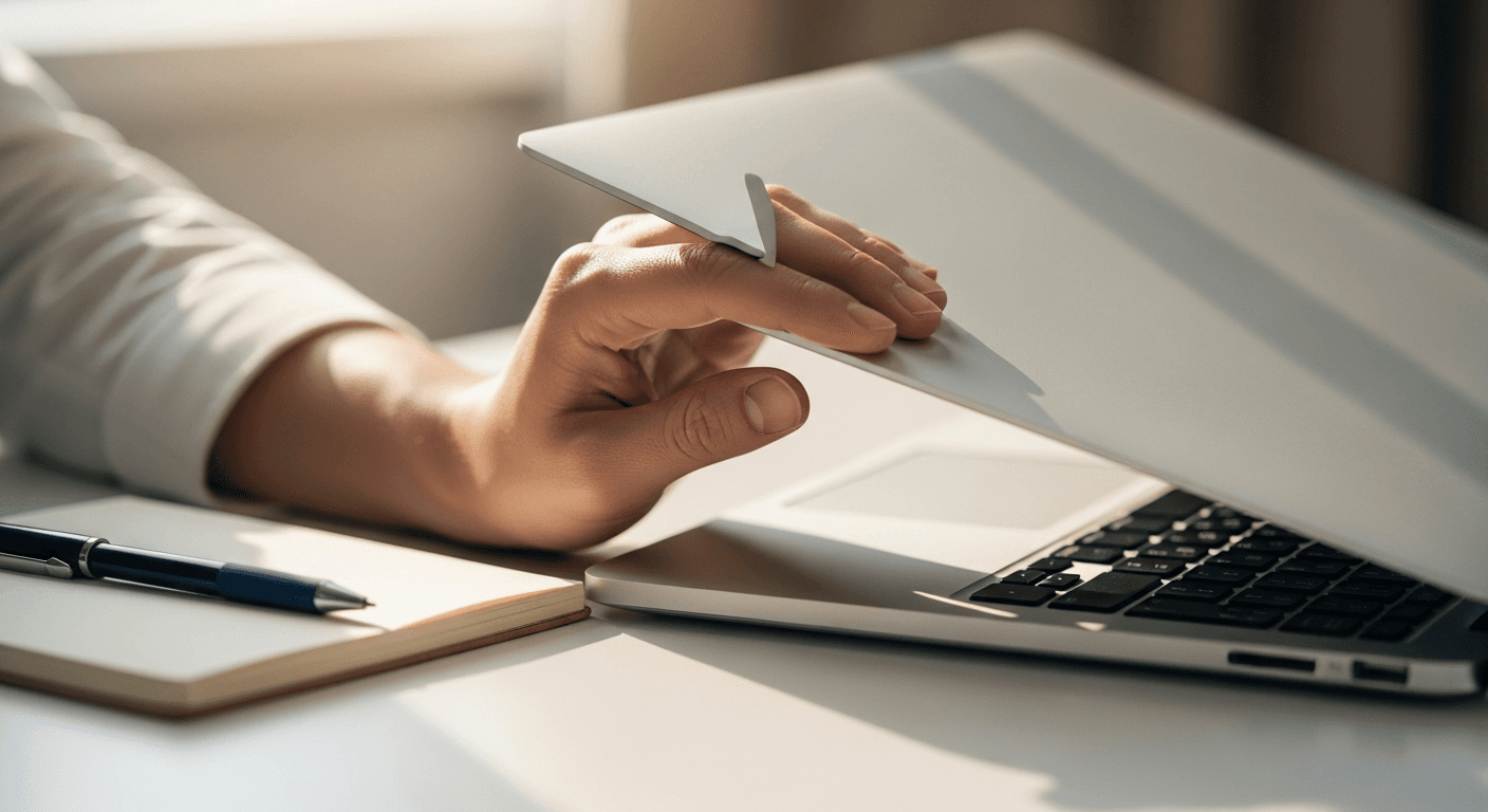 Main qui ferme un ordinateur portable sur un bureau rangé