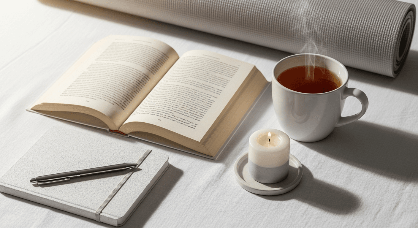 Objets symbolisant une routine bien-être du soir : livre, tasse, bougie, carnet