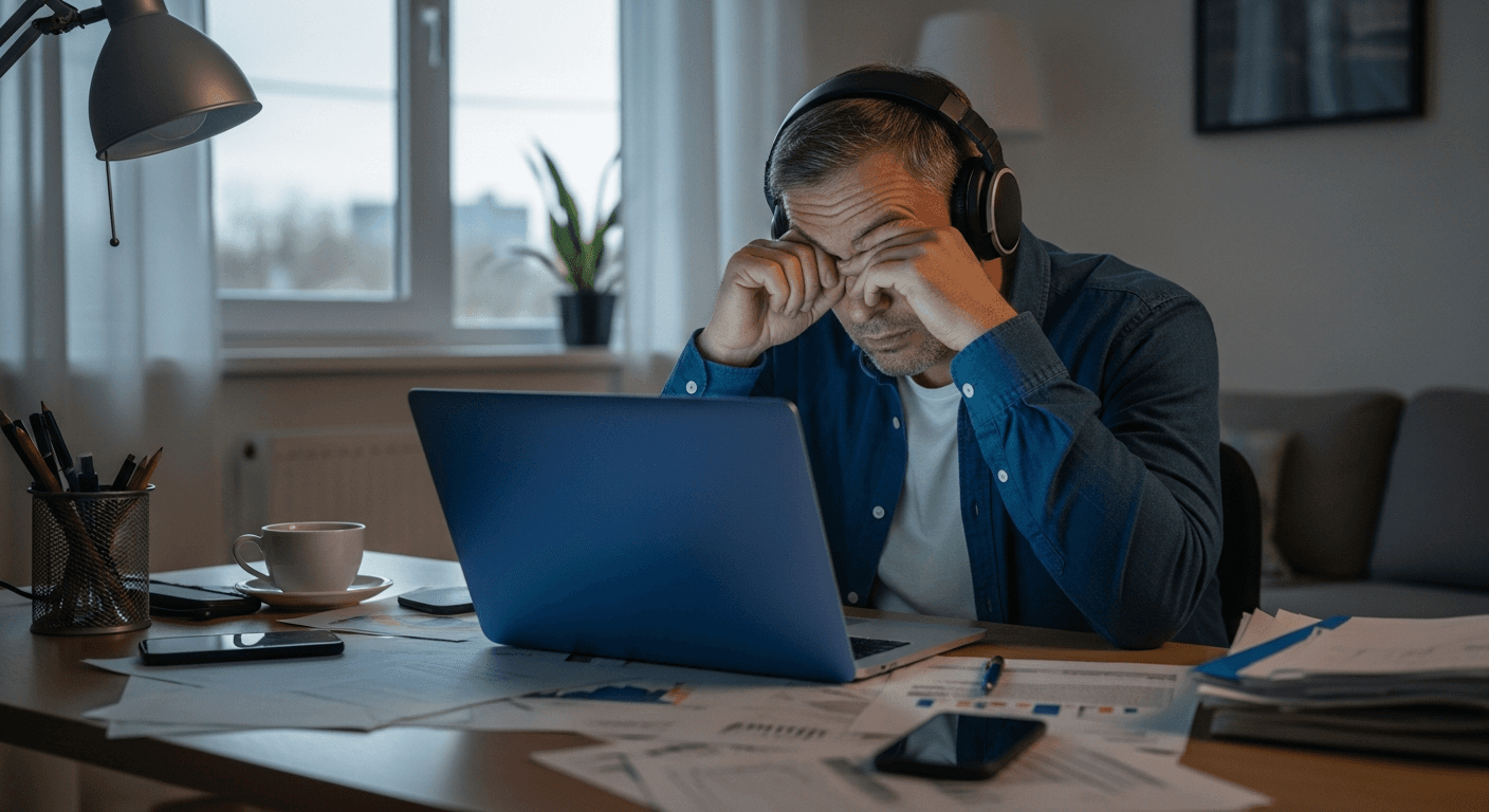 Télétravailleur épuisé face à un écran d'ordinateur en fin de journée